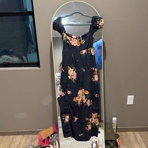 Free People Black Floral Midi Dress with Pink & Peach Blooms